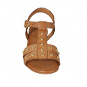 Woman's sandal with studs and strap in cognac brown leather heel 2 - Available sizes:  32, 43