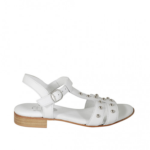 Woman's sandal with studs and strap in white leather heel 2 - Available sizes:  33, 34, 42, 44