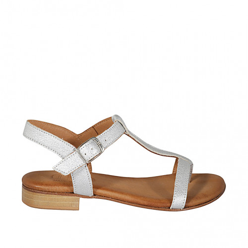 Woman's thong sandal in silver-colored laminated leather heel 2 - Available sizes:  33, 42, 43, 44, 45