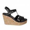 Woman's sandal in black leather with T-strap, platform and wedge heel 9 - Available sizes:  42, 43