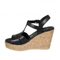 Woman's sandal in black leather with T-strap, platform and wedge heel 9 - Available sizes:  32, 42, 43, 44, 45