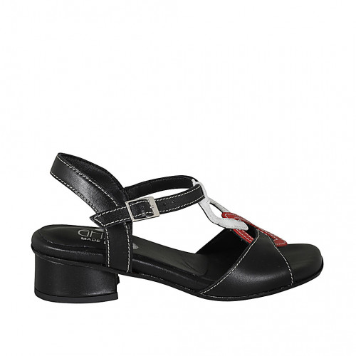 Woman's strap sandal in black, white and red leather heel 2 - Available sizes:  32, 43, 44