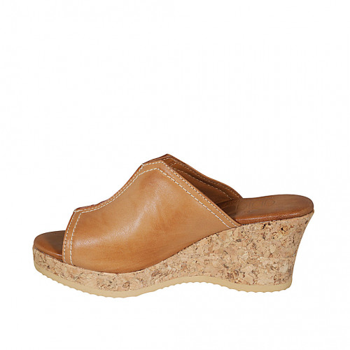 Woman s platform mules in tan brown leather wedge heel 7