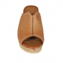 Woman's platform mules in cognac brown leather wedge heel 7 - Available sizes:  42, 43