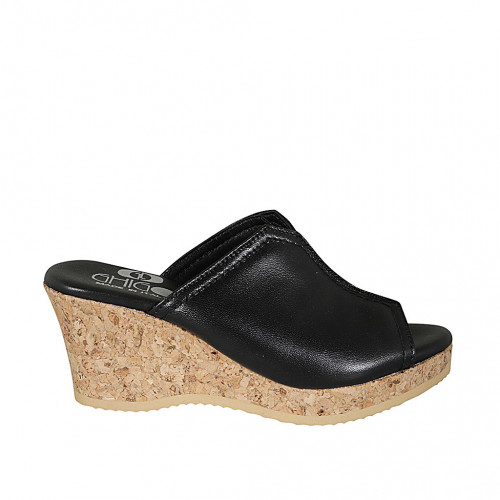 Woman's mules in black leather with platform and wedge heel 7 - Available sizes:  42