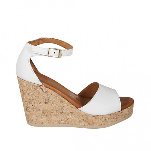 Woman's open shoe with strap and platform in white leather wedge heel 9 - Available sizes:  42, 43, 44