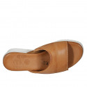 Woman's open mule with elastic band in tan brown leather wedge heel 3 - Available sizes:  42