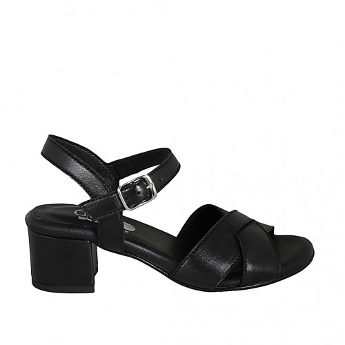 Woman's strap sandal with crossed straps in black leather heel 5 - Available sizes:  42, 44