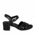 Woman's strap sandal with crossed straps in black leather heel 5 - Available sizes:  42, 44