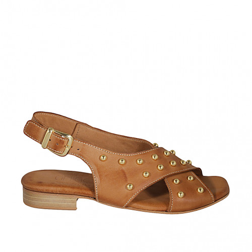 Woman's sandal with studs in cognac brown leather heel 2 - Available sizes:  32, 33, 34, 42, 43, 44