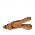 Woman's sandal with studs in cognac brown leather heel 2 - Available sizes:  32, 33, 34, 42, 43, 44