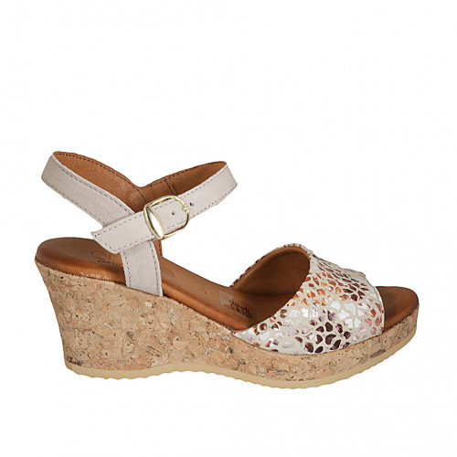 Woman's strap sandal in multicolored mosaic printed suede with platform and wedge heel 7 - Available sizes:  42
