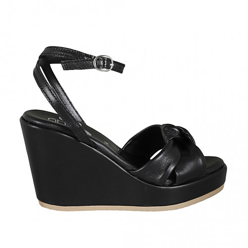 Woman's sandal with strap and knot in black leather wedge heel 9 - Available sizes:  42, 43