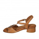 Woman's strap sandal in cognac brown, cream and brown leather heel 3 - Available sizes:  45