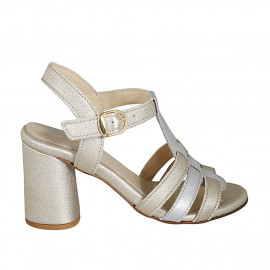 Woman's sandal in silver and platinum laminated leather with strap heel 7 - Available sizes:  42, 43