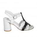 Woman's strap sandal in black and white leather heel 7 - Available sizes:  32, 33, 34, 43, 45