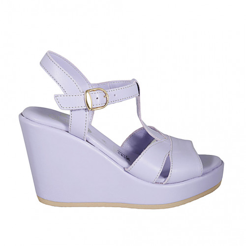 Woman's sandal with strap in lilac leather wedge heel 9 - Available sizes:  32, 34, 42, 43, 44