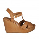 Woman's sandal with strap in cognac brown leather wedge heel 9 - Available sizes:  32, 42