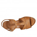 Woman's sandal with strap in cognac brown leather wedge heel 9 - Available sizes:  32, 42