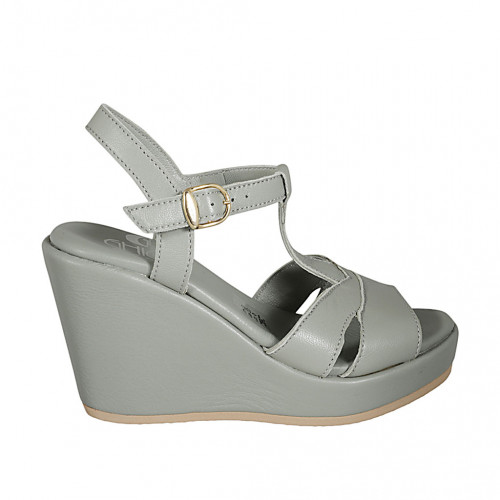 Woman's sandal with strap in sage green leather wedge heel 9 - Available sizes:  34, 42, 43