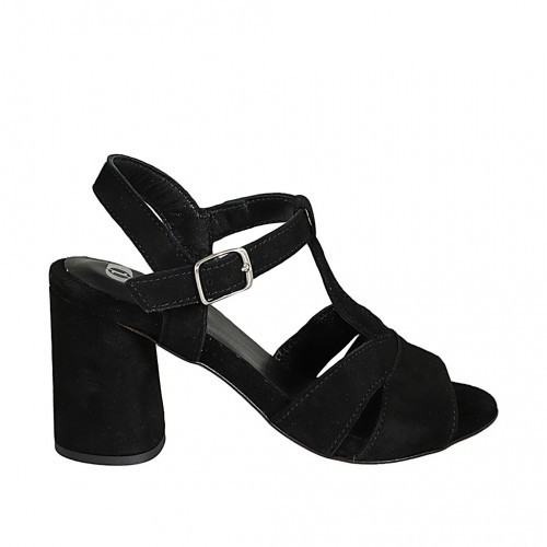 Sandalia con cinturon para mujer en gamuza negra tacon 7 - Tallas disponibles:  32, 33, 43, 44