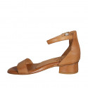 Woman's open shoe with strap in cognac brown leather heel 3 - Available sizes:  33, 42, 44