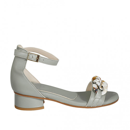 Woman's open shoe with strap and chain in sage green leather heel 3 - Available sizes:  33, 42, 43