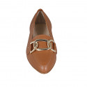 Woman's loafer in tan brown leather with elastic band and golden chain heel 2 - Available sizes:  42, 44, 45