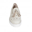 Zapato para mujer con borlas y elasticos en piel perforada color nata cuña 4 - Tallas disponibles:  43, 44, 45, 46