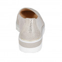 Woman's highfronted shoe in beige suede and platinum laminated printed suede wedge heel 4 - Available sizes:  42