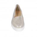 Woman's highfronted shoe in beige suede and platinum laminated printed suede wedge heel 4 - Available sizes:  42