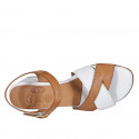 Woman's strap sandal with buckle in white and cognac brown leather heel 5 - Available sizes:  32, 42, 43, 44, 45