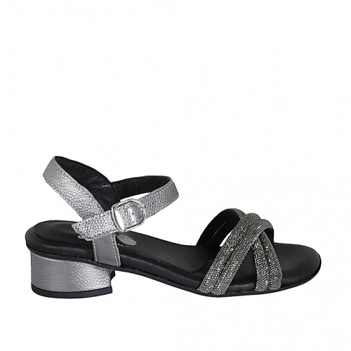 Woman's sandal in steel gray laminated leather with strap and rhinestones heel 3 - Available sizes:  33