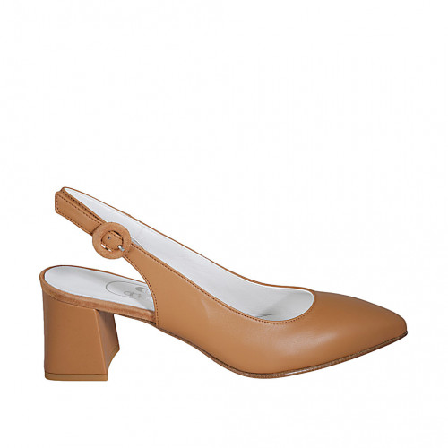 Zapato destalonado a punta para mujer en piel brun claro tacon 6 - Tallas disponibles:  34, 43, 45