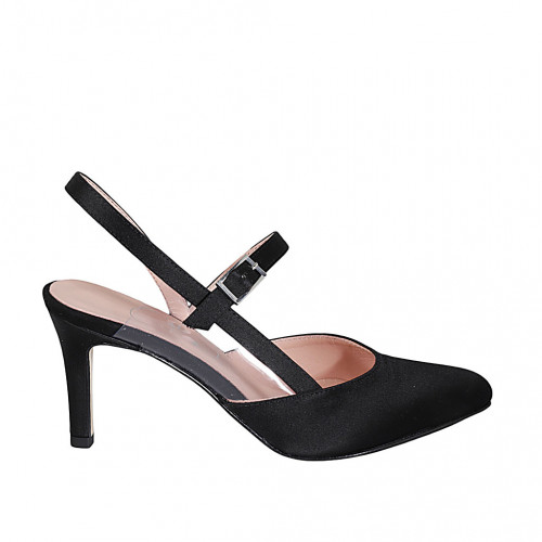 Woman's pointy slingback pump with strap in black satin heel 7 - Available sizes:  32, 43, 45