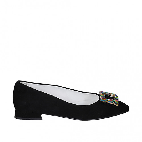 ﻿Zapato de salon puntiagudo en gamuza negra para mujer con accesorio estras tacon 1 - Tallas disponibles:  32, 33, 43, 45