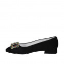 ﻿Zapato de salon puntiagudo en gamuza negra para mujer con accesorio estras tacon 1 - Tallas disponibles:  32, 33, 43, 45