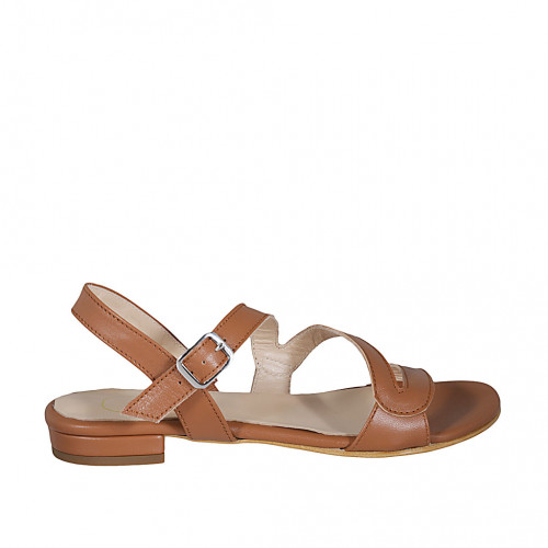 Woman's sandal in cognac brown leather with elastic band heel 1 - Available sizes:  32, 33, 43, 44