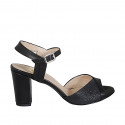 Woman's sandal with strap in black leather and silver laminated leather heel 8 - Available sizes:  32, 33, 34, 42, 43, 45