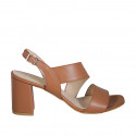 Woman's sandal in tan brown leather heel 8 - Available sizes:  42, 43, 44, 45