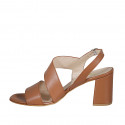 Woman's sandal in cognac brown leather heel 8 - Available sizes:  42, 43