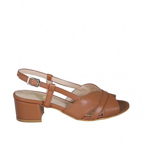 Sandale pour femmes en cuir cognac talon 5 - Pointures disponibles:  32, 43, 44
