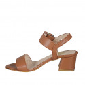Woman's sandal with buckle in tan brown leather heel 5 - Available sizes:  42, 43, 44