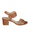 Woman's sandal with buckle in tan brown leather heel 5 - Available sizes:  42, 43, 44