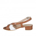 Woman's sandal in tan brown and white leather heel 2 - Available sizes:  43, 45