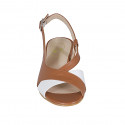 Woman's sandal in tan brown and white leather heel 2 - Available sizes:  43, 45