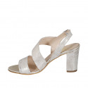 Woman's sandal in platinum laminated leather heel 8 - Available sizes:  34, 43, 44, 45