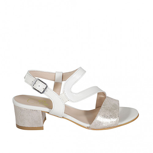 Woman's sandal in white and platinum laminated leather with elastic band heel 5 - Available sizes:  32, 44