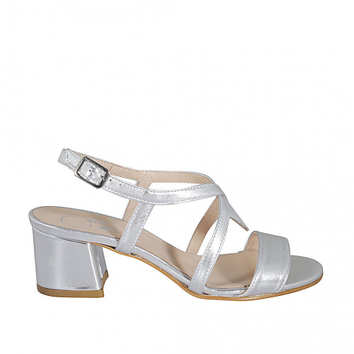 Woman's sandal in silver laminated and printed leather heel 5 - Available sizes:  32, 42, 43, 45
