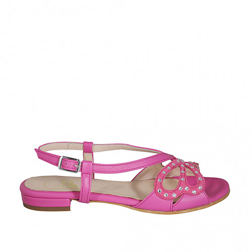 Sandale pour femmes avec strass en cuir et daim fuchsia talon 1 - Pointures disponibles:  33, 42